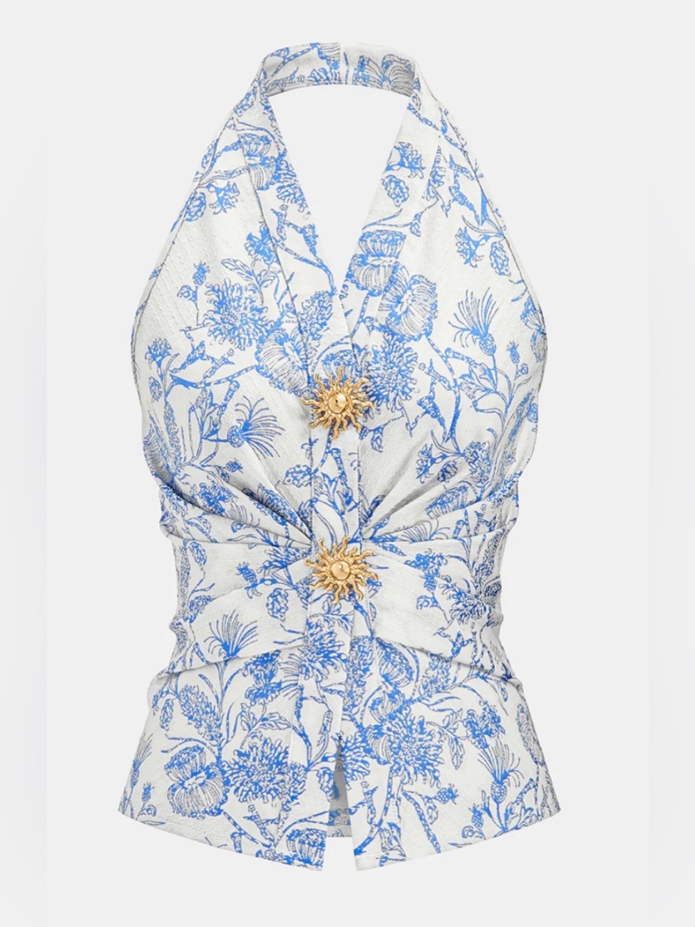 NWT Commense Blue & White Floral Halter Top with Removable Gold Sun Accents